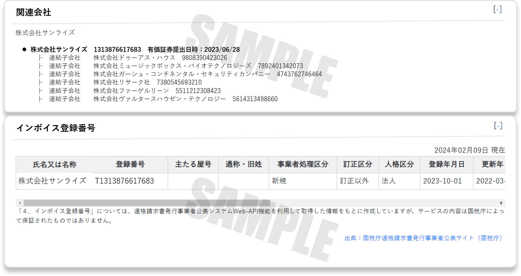 クリックサーチ 関連会社・インボイス登録番号画面サンプル